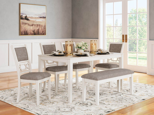 Erinberg 6-Piece Antique White Dining Table Set with Gray Upholstery-1