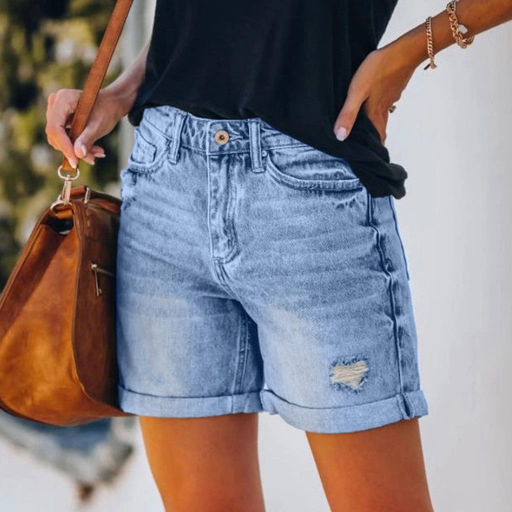 High-Waisted Fringed Distressed Denim Shorts for Women by eprolo