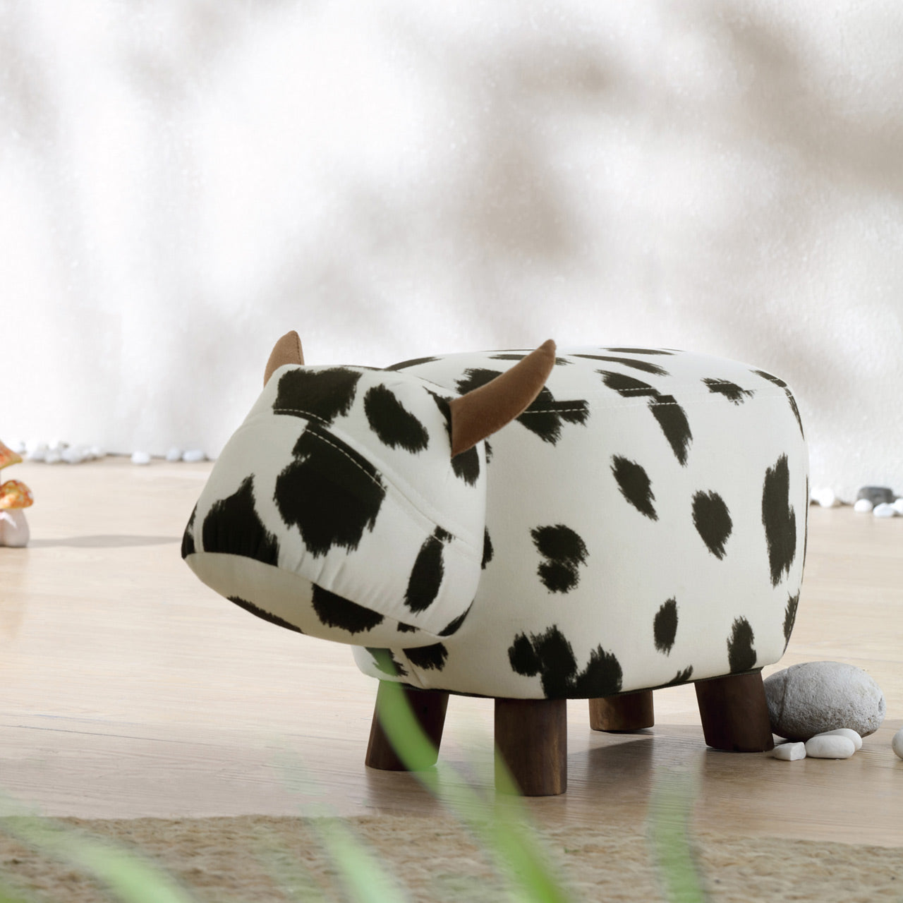 Kids Black White Stool Friendly Cow Wooden Legs Storage Footrest-0