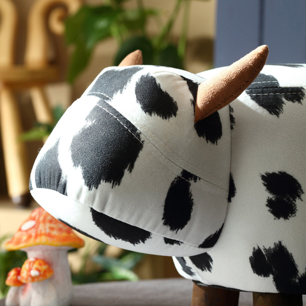 Kids Black White Stool Friendly Cow Wooden Legs Storage Footrest-1