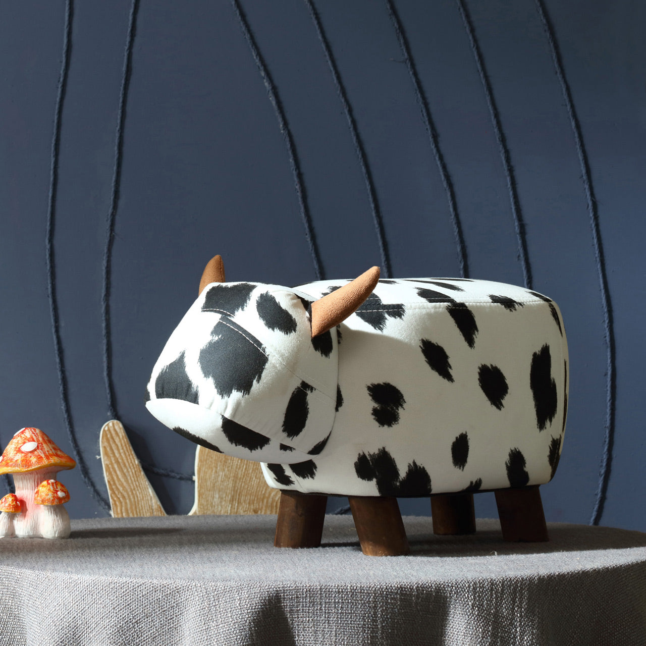 Kids Black White Stool Friendly Cow Wooden Legs Storage Footrest-2
