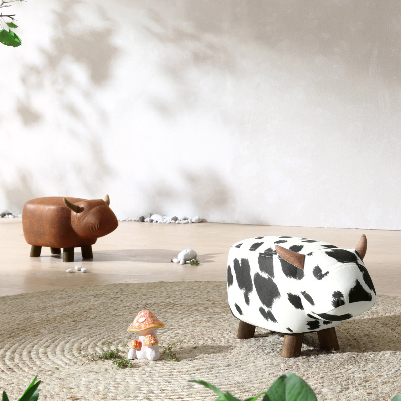 Kids Black White Stool Friendly Cow Wooden Legs Storage Footrest-3