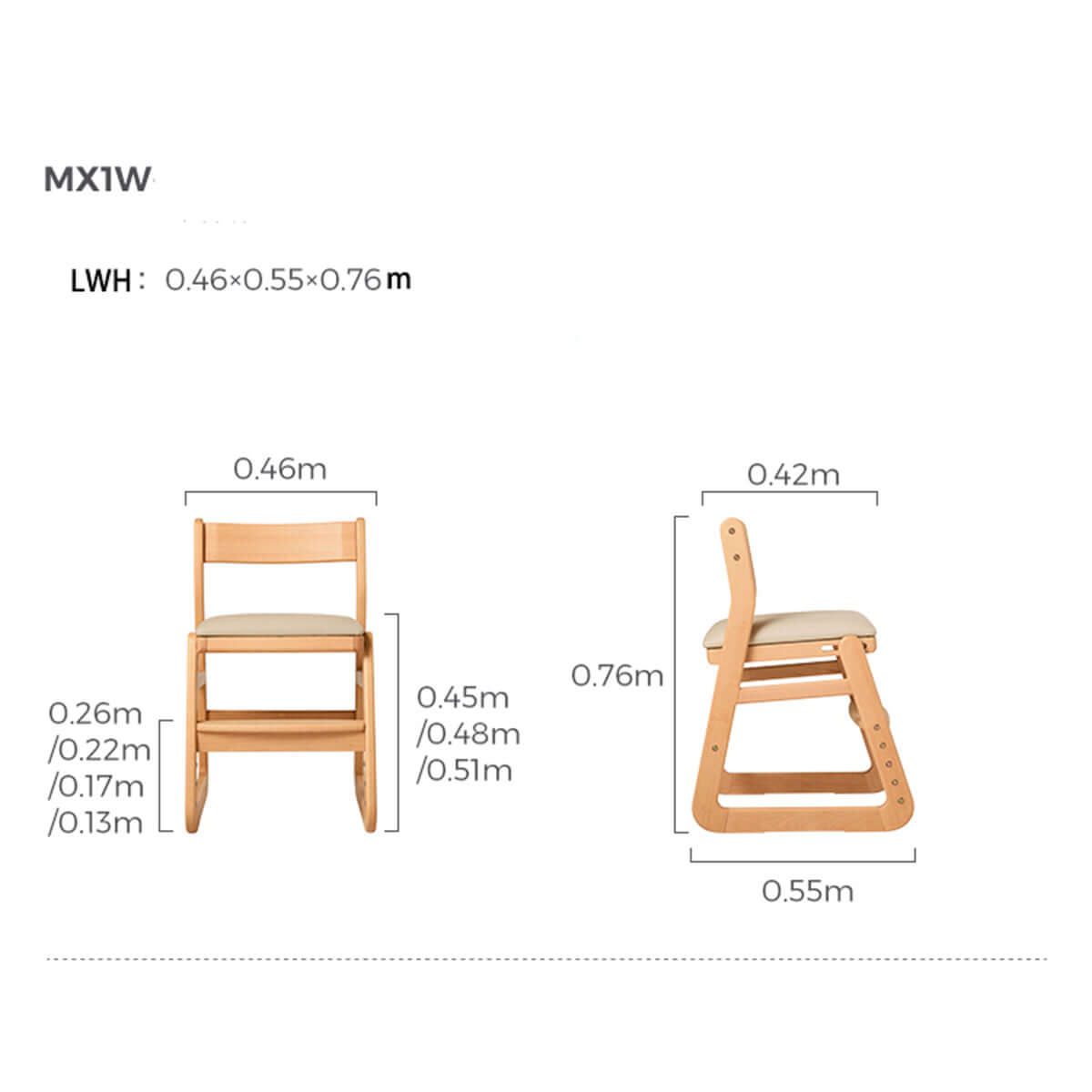 Solid Wood Adjustable Height Kids Chair with Ergonomic Design and Stable Base.-2